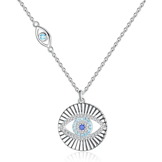 Lucky Blue Evil Eye and Fishtail 925 Sterling Silver Pendant Necklace