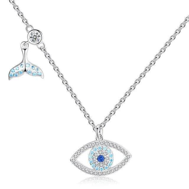 Lucky Blue Evil Eye and Fishtail 925 Sterling Silver Pendant Necklace