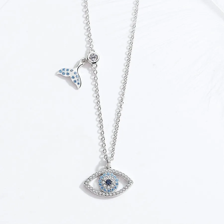 Lucky Blue Evil Eye and Fishtail 925 Sterling Silver Pendant Necklace