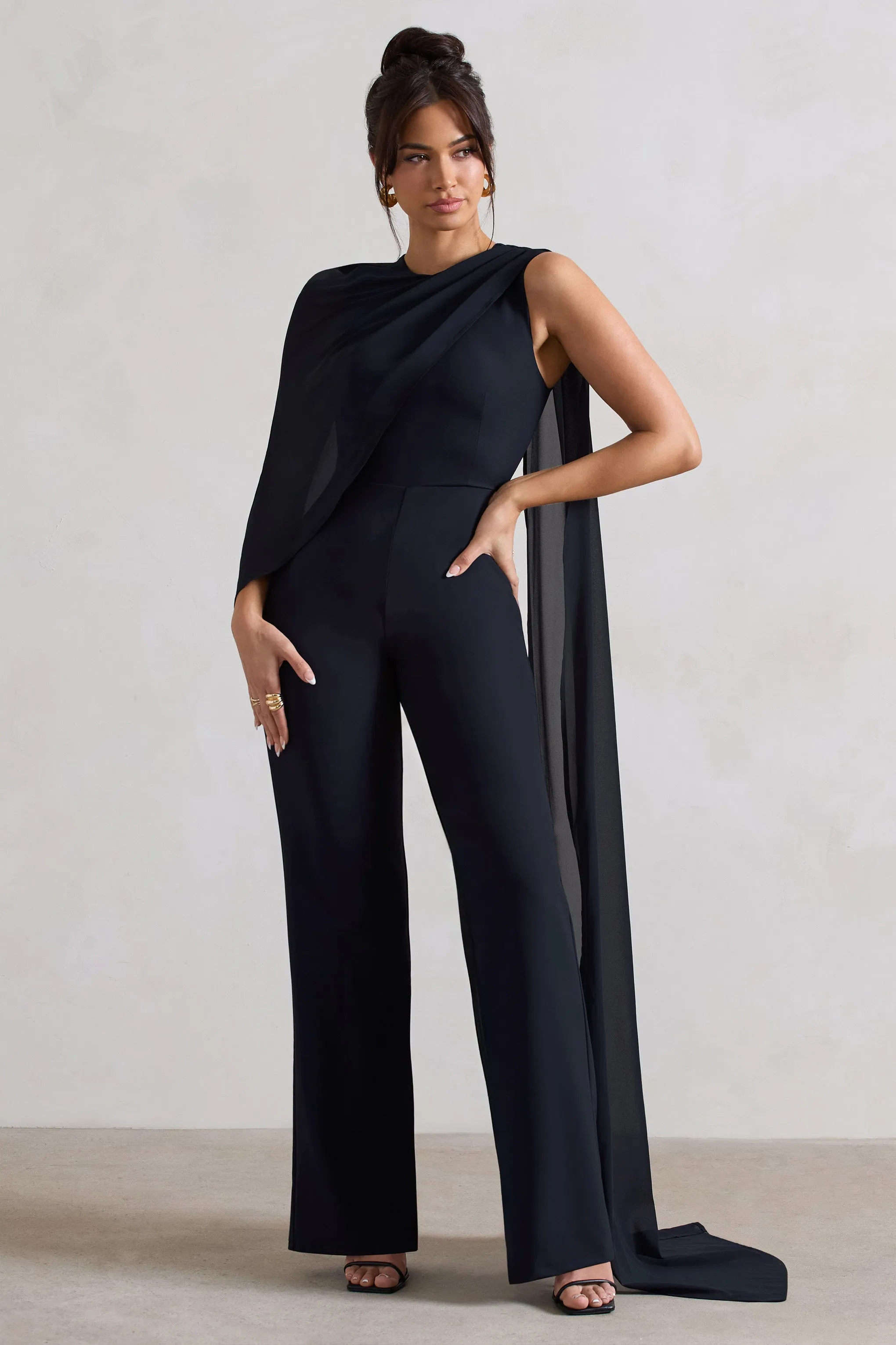 Malina | Navy Straight-Leg Jumpsuit With Chiffon Cape