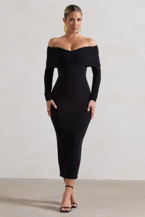 Marcella | Black Bodycon Bardot Midi Dress