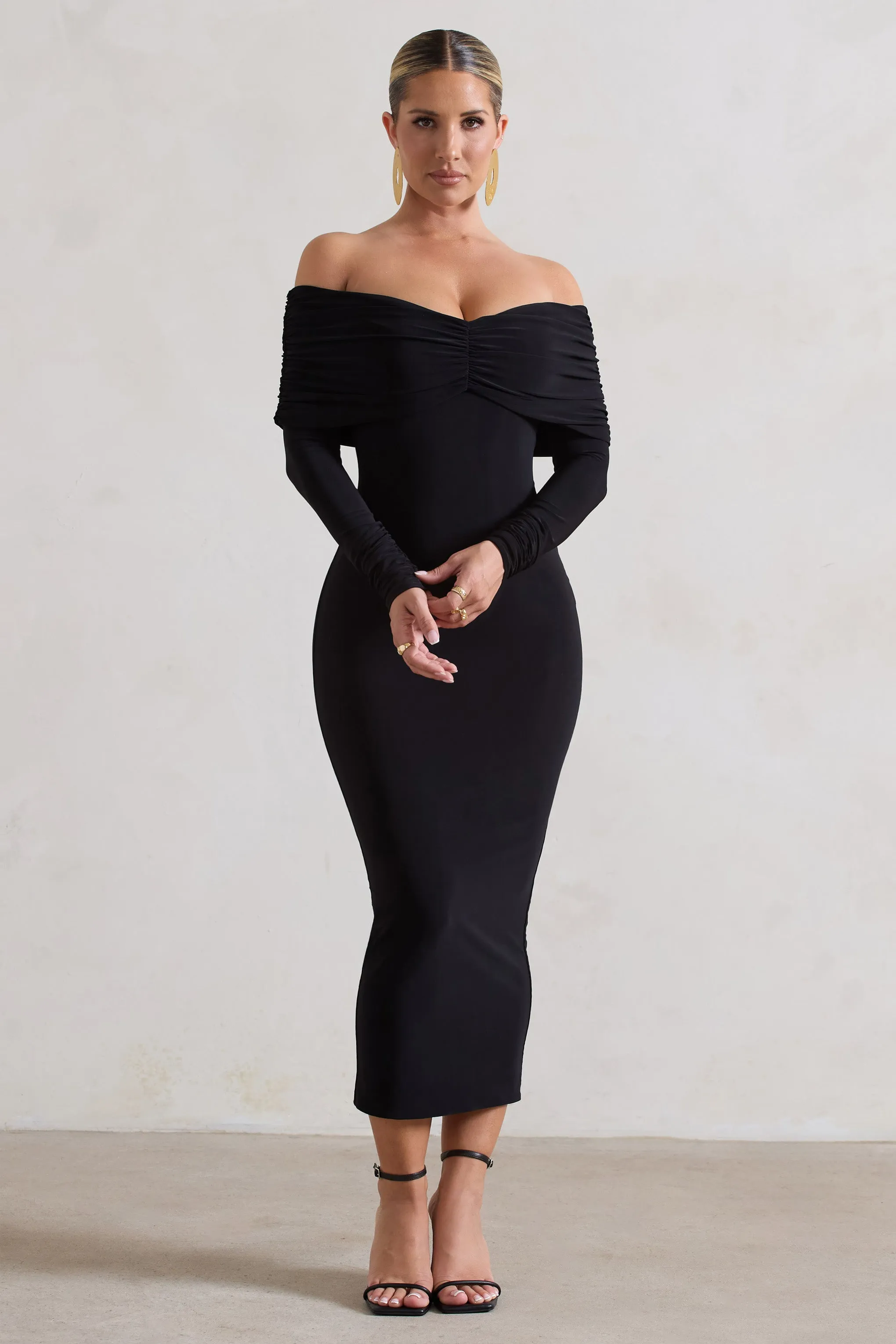 Marcella | Black Bodycon Bardot Midi Dress