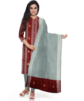 Maroon grey hand woven cotton nuapatna dress material