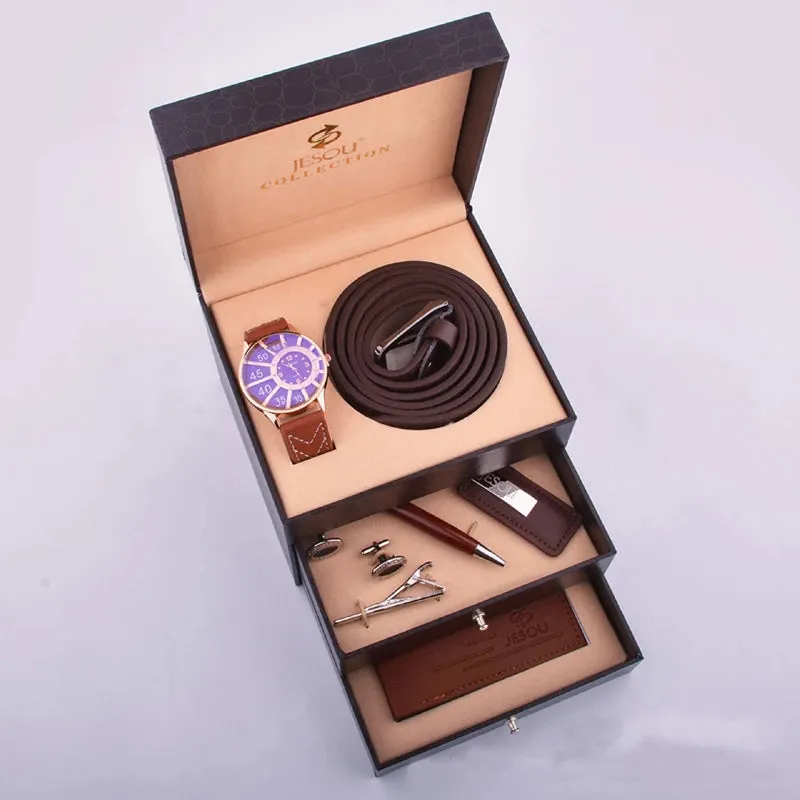 Men Leather Quartz Watch, Wallet, Cufflinks, Keychain, and Ballpoint Pen Gift Box Set