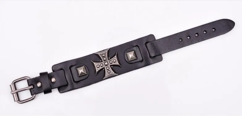 Men's Wide Alloy Genuine Leather Bracelet Bangle Cuff Black Cross Punk Belt