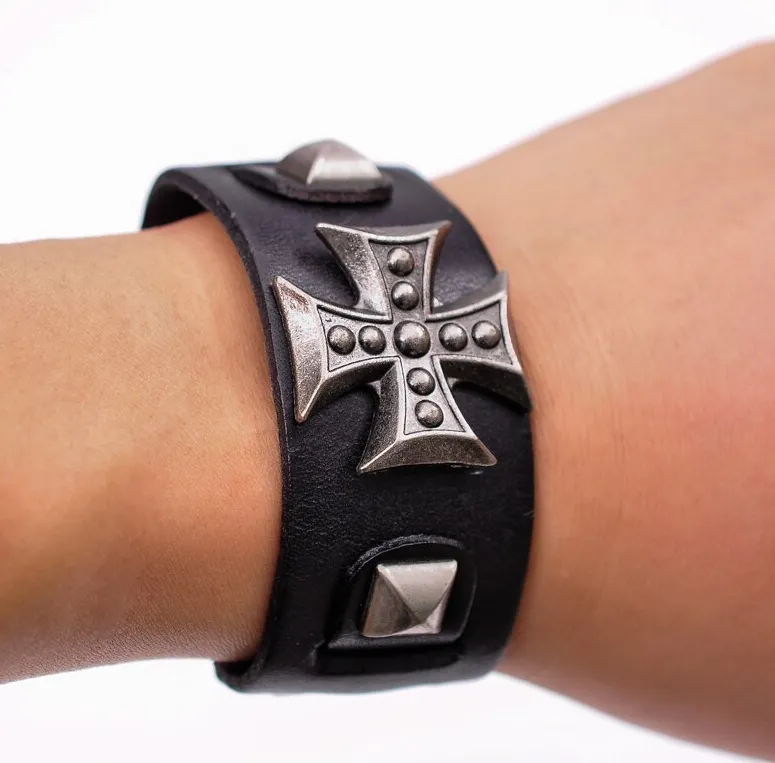 Men's Wide Alloy Genuine Leather Bracelet Bangle Cuff Black Cross Punk Belt