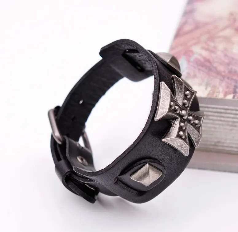 Men's Wide Alloy Genuine Leather Bracelet Bangle Cuff Black Cross Punk Belt