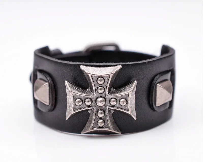 Men's Wide Alloy Genuine Leather Bracelet Bangle Cuff Black Cross Punk Belt