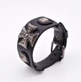 Men's Wide Alloy Genuine Leather Bracelet Bangle Cuff Black Cross Punk Belt