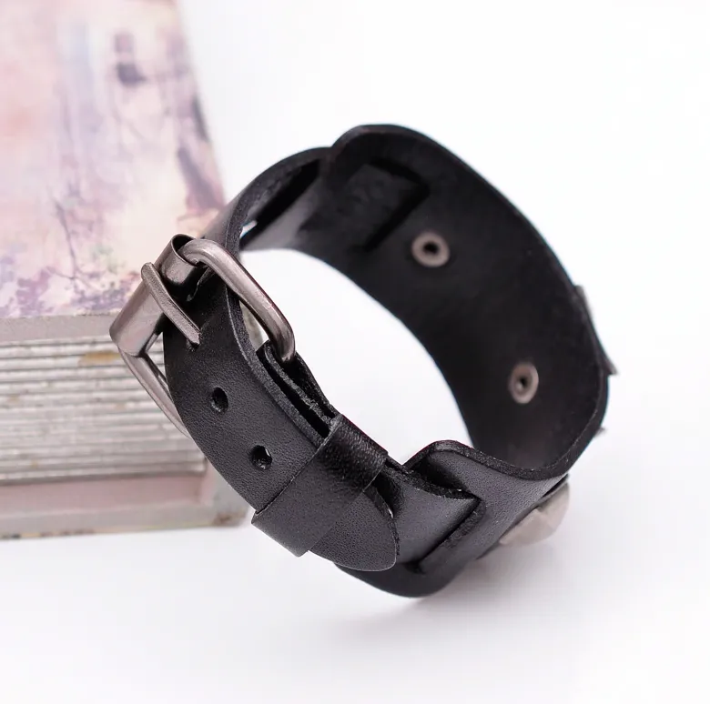 Men's Wide Alloy Genuine Leather Bracelet Bangle Cuff Black Cross Punk Belt