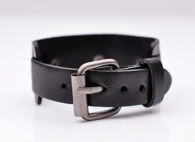 Men's Wide Alloy Genuine Leather Bracelet Bangle Cuff Black Cross Punk Belt