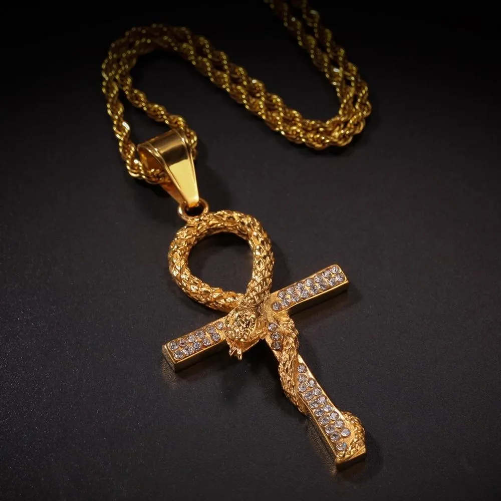 Metallic Snake Ankh Pendant with Cubic Zirconia Crystals Necklace