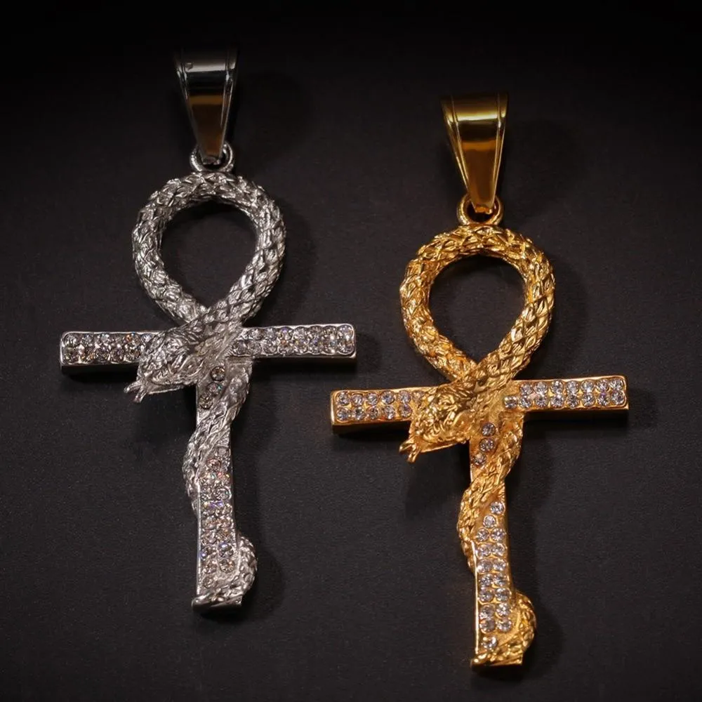 Metallic Snake Ankh Pendant with Cubic Zirconia Crystals Necklace