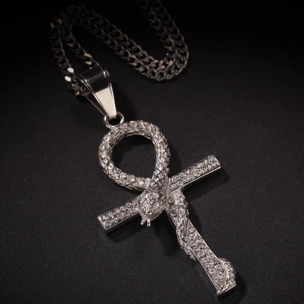 Metallic Snake Ankh Pendant with Cubic Zirconia Crystals Necklace