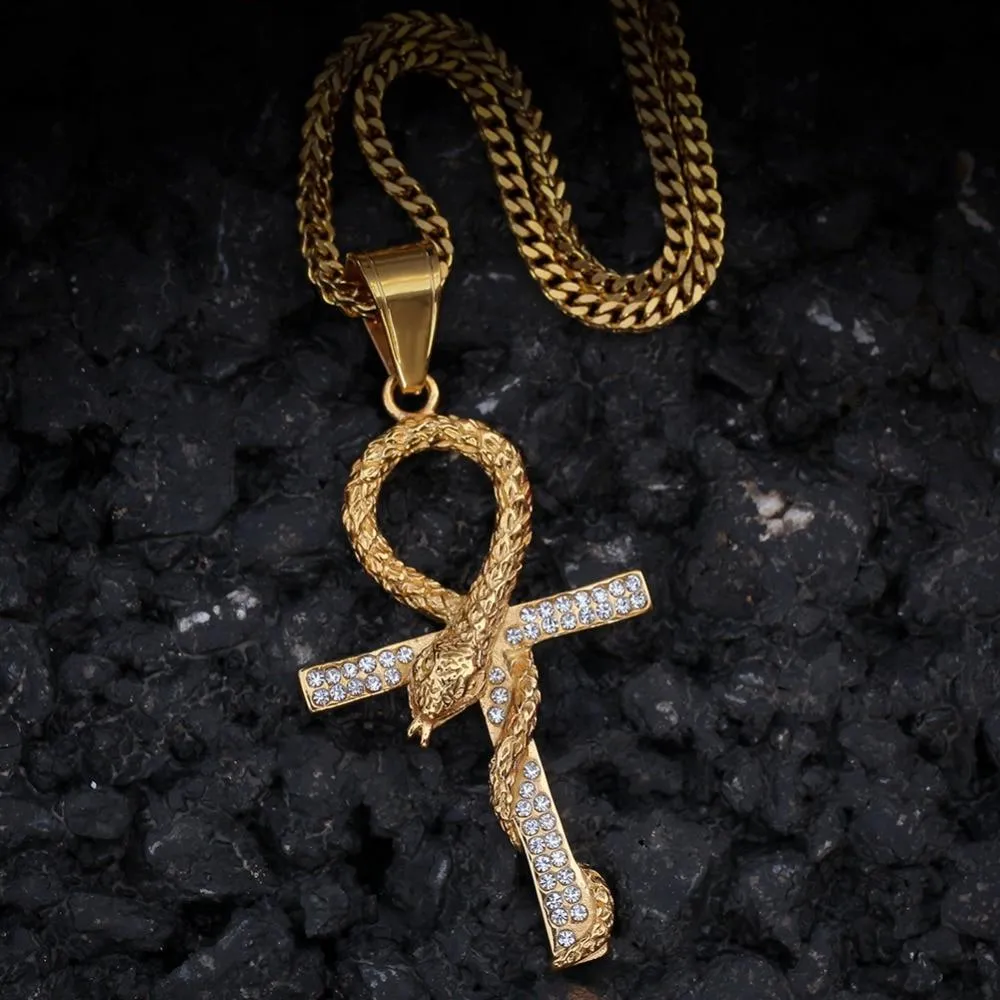 Metallic Snake Ankh Pendant with Cubic Zirconia Crystals Necklace