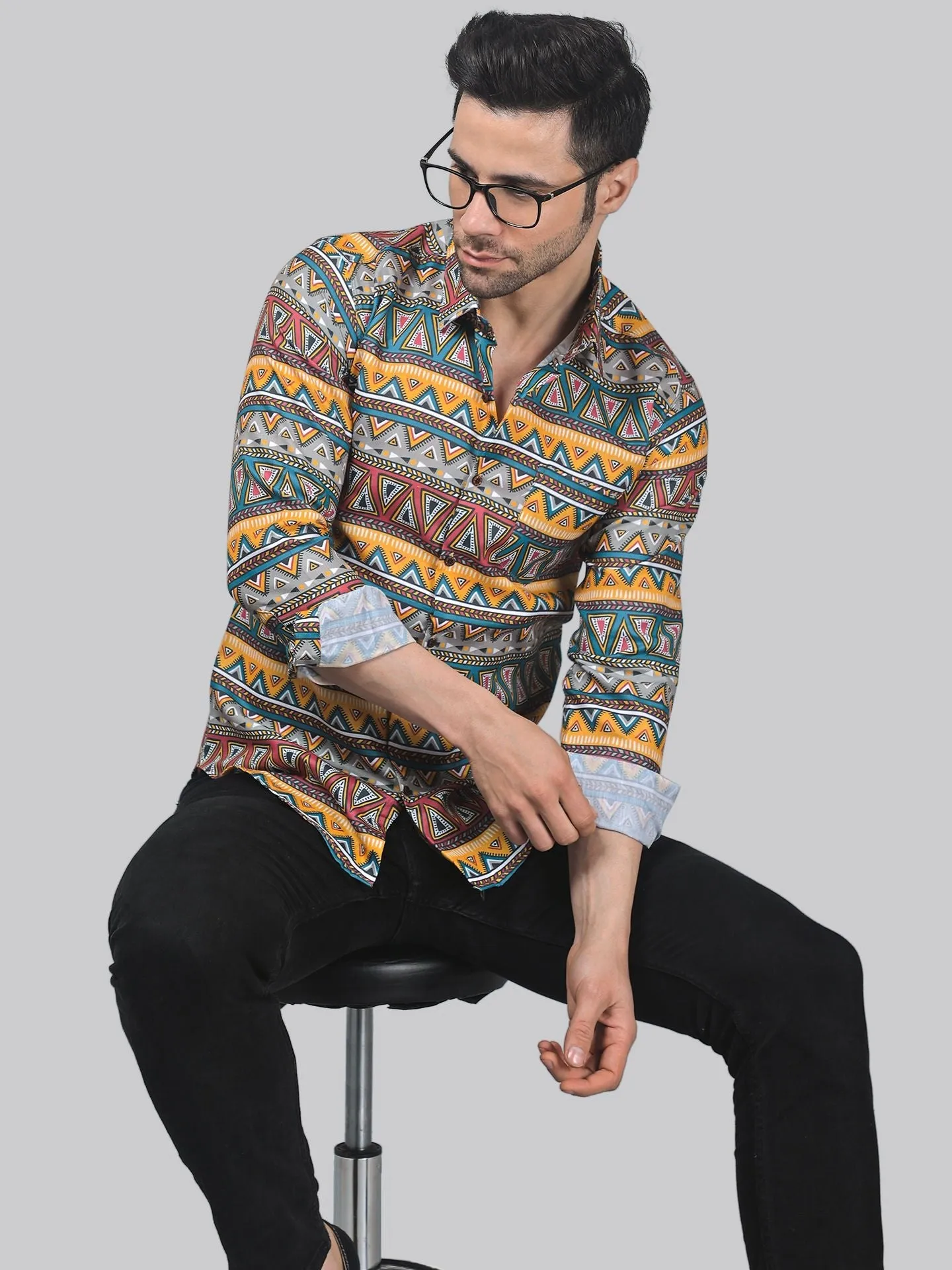 Mid-century Men's Printed Full Sleeve Cotton Button-Up Shirt For Men