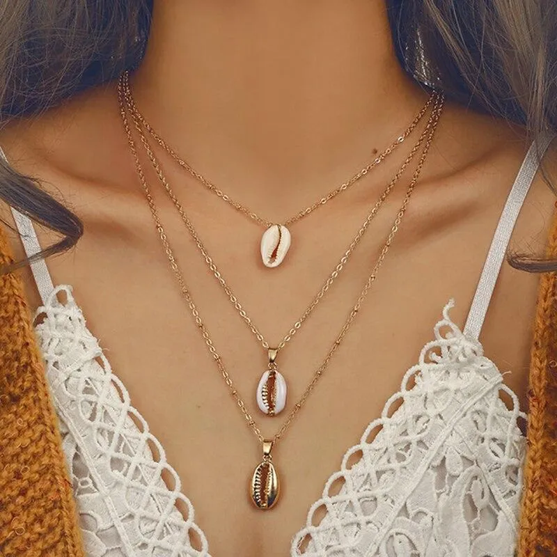 Multilayer Golden Chain Necklace with Puka Shell Pendants