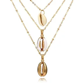 Multilayer Golden Chain Necklace with Puka Shell Pendants