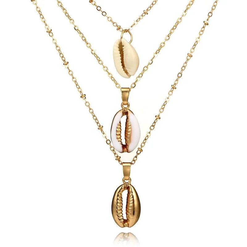 Multilayer Golden Chain Necklace with Puka Shell Pendants