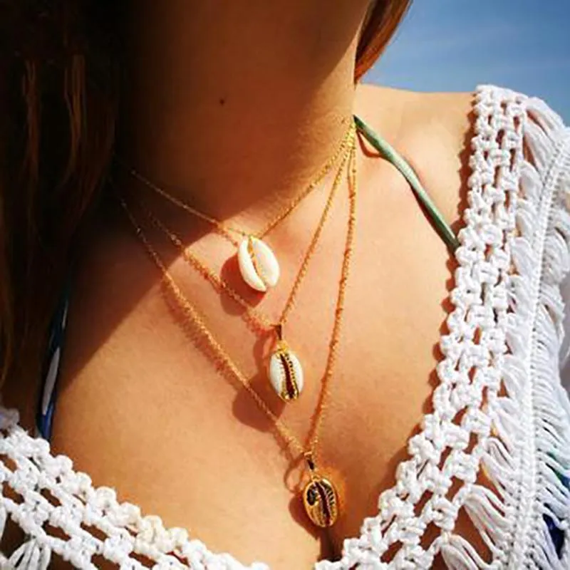 Multilayer Golden Chain Necklace with Puka Shell Pendants