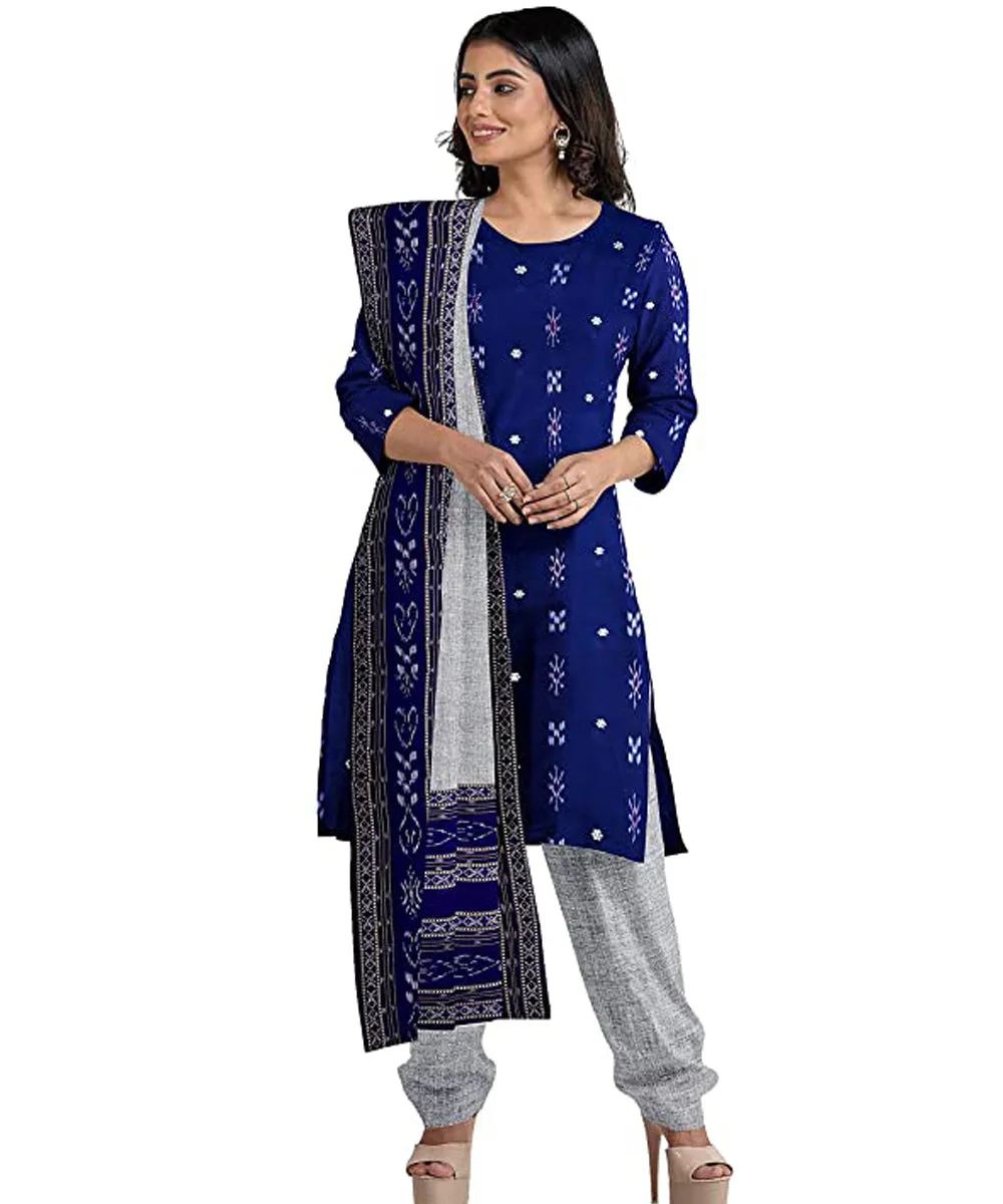 Navy blue grey hand woven cotton nuapatna dress material