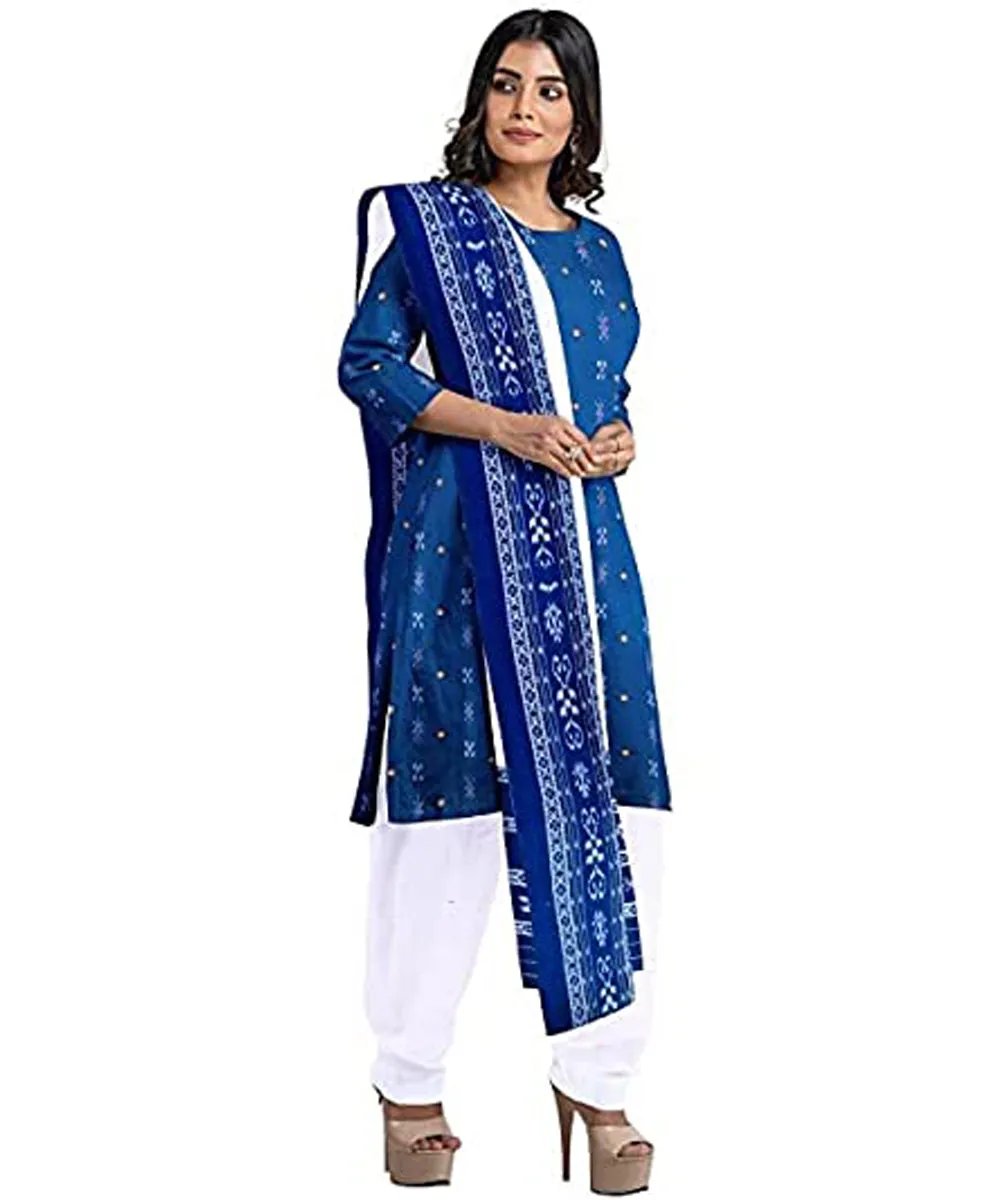 Navy blue white handwoven cotton nuapatna dress material