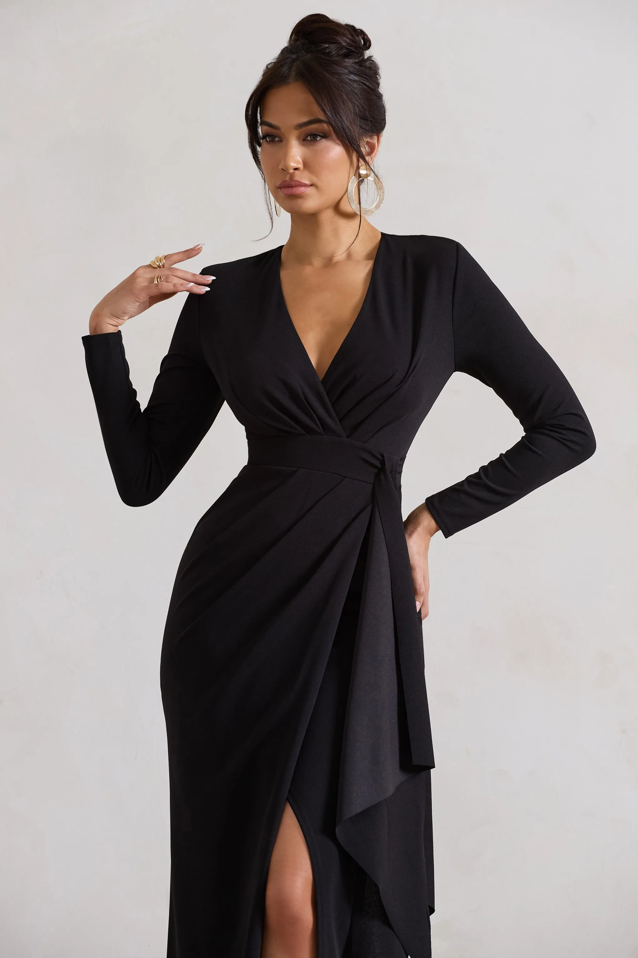 Odetta | Black Plunge-Neck Wrap Maxi Dress With Tie Waist