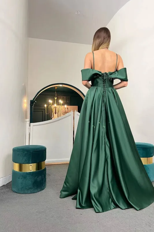 Off-the-Shoulder A-Line Lace-Up Back Long Evening Dress