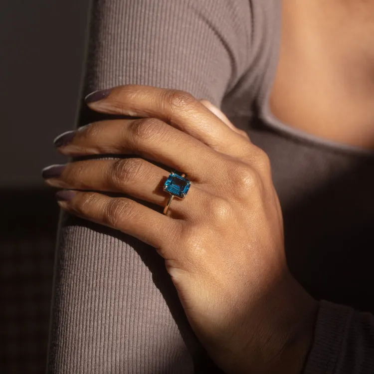 One of a Kind Emerald Cut London Blue Topaz Ring