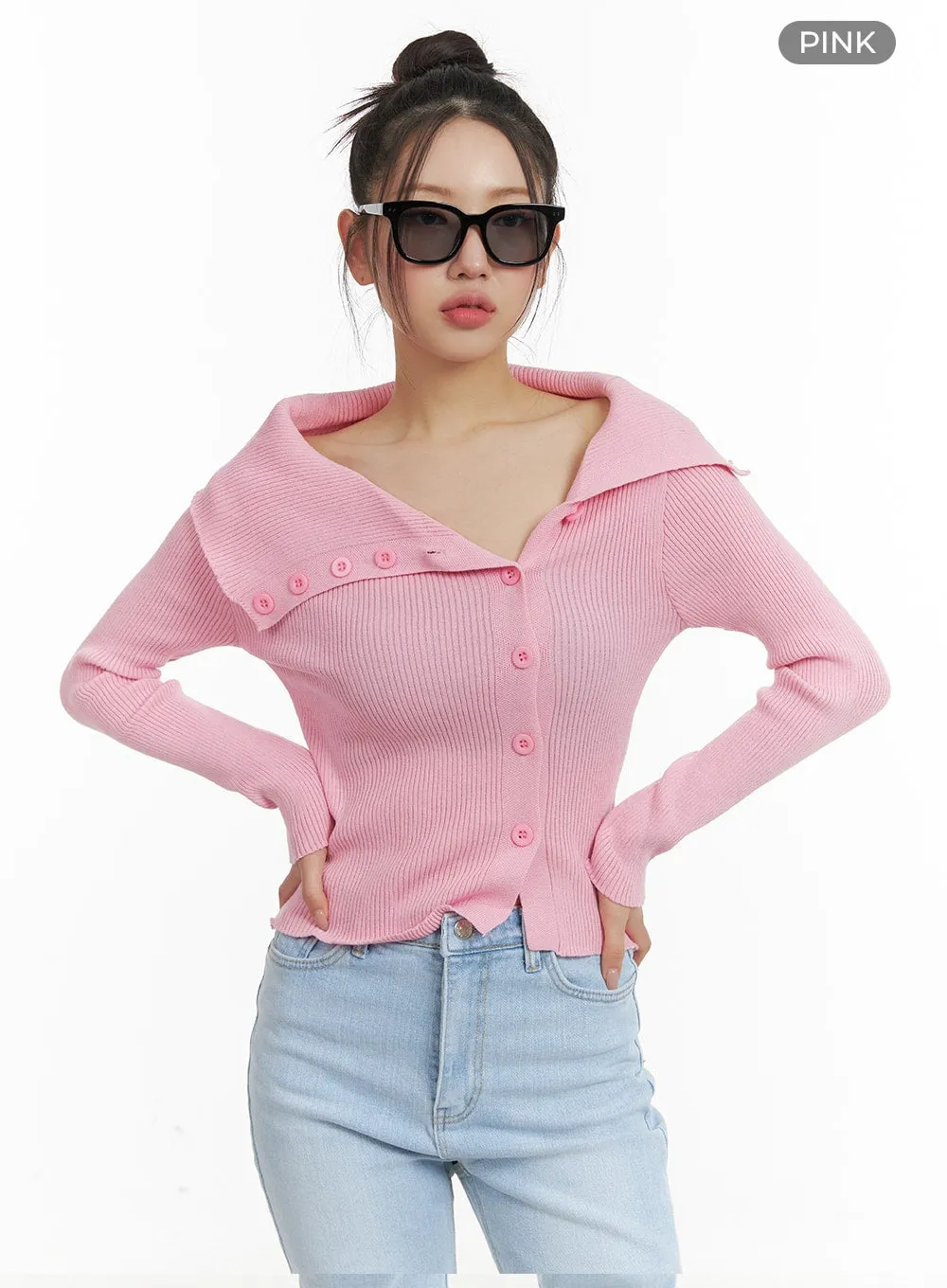 Open Collar Buttoned Knit Top OM428