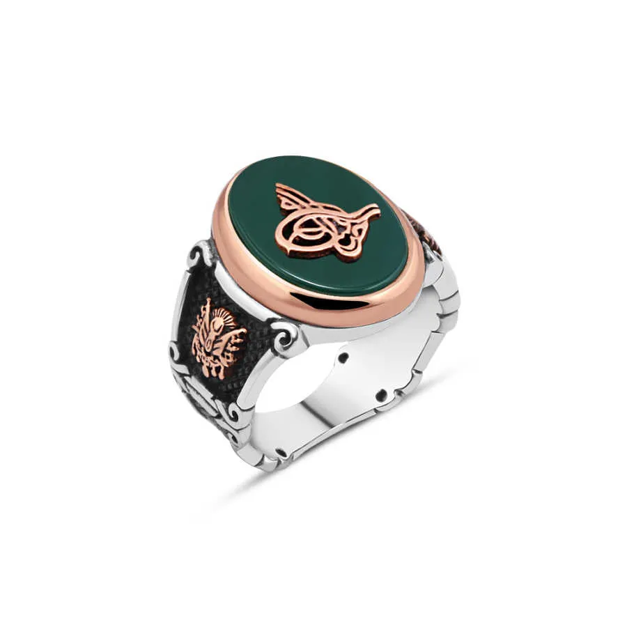 Ottoman Tughra on Ellipse Green Agate Stone Silver Men’s Ring Siding Ottoman Coat of Arms