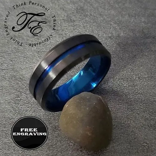 Personalized Men's Matte Black Promise Ring - Blue Line Groove