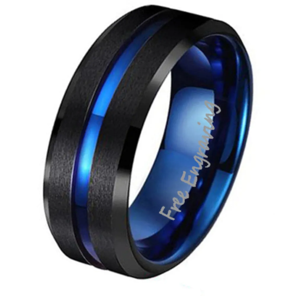 Personalized Men's Matte Black Promise Ring - Blue Line Groove