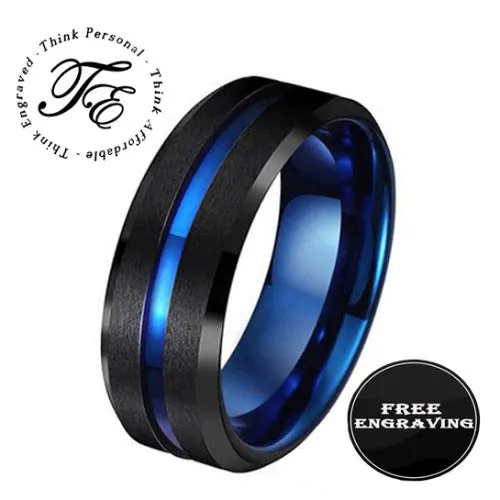 Personalized Men's Matte Black Promise Ring - Blue Line Groove