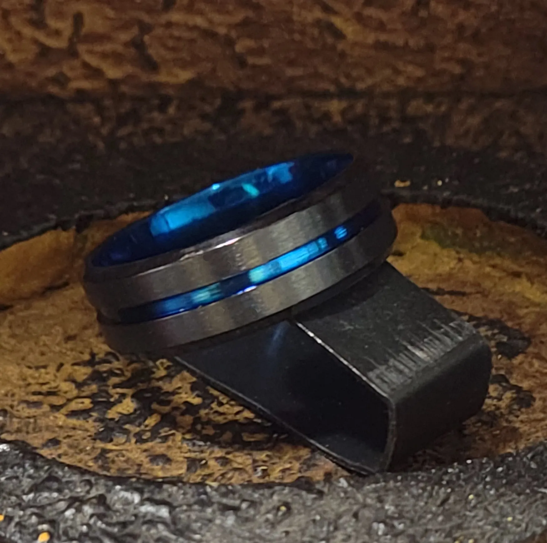 Personalized Men's Matte Black Promise Ring - Blue Line Groove