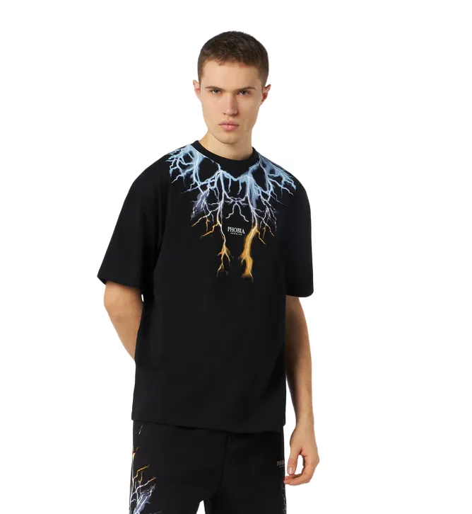 Phobia adult black short sleeve t-shirt PH00540 two-tone blue-yellow lightning print