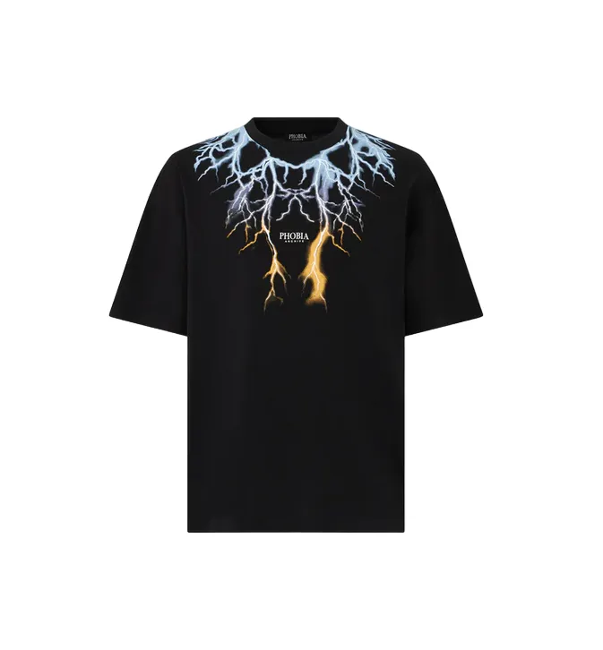 Phobia adult black short sleeve t-shirt PH00540 two-tone blue-yellow lightning print