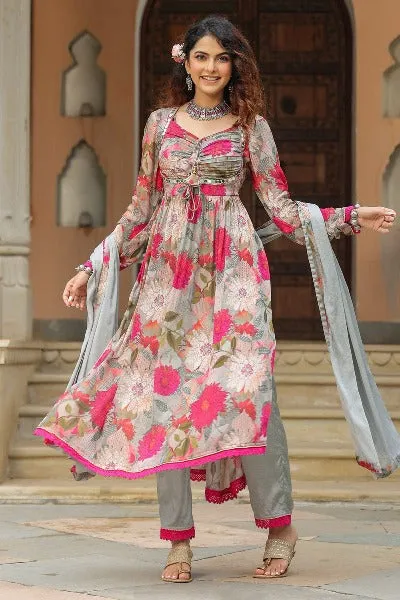 Pink & Grey Nyra Cut Floral Print Cotton Salwar Suit Set