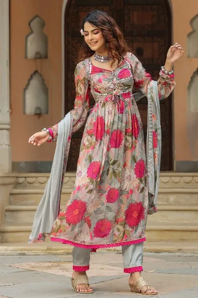 Pink & Grey Nyra Cut Floral Print Cotton Salwar Suit Set