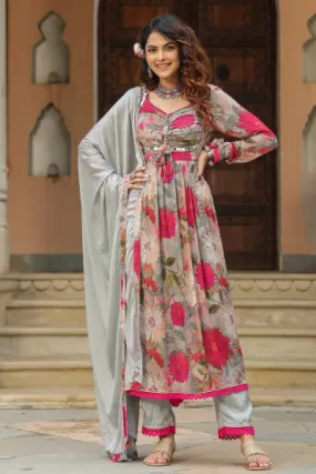 Pink & Grey Nyra Cut Floral Print Cotton Salwar Suit Set