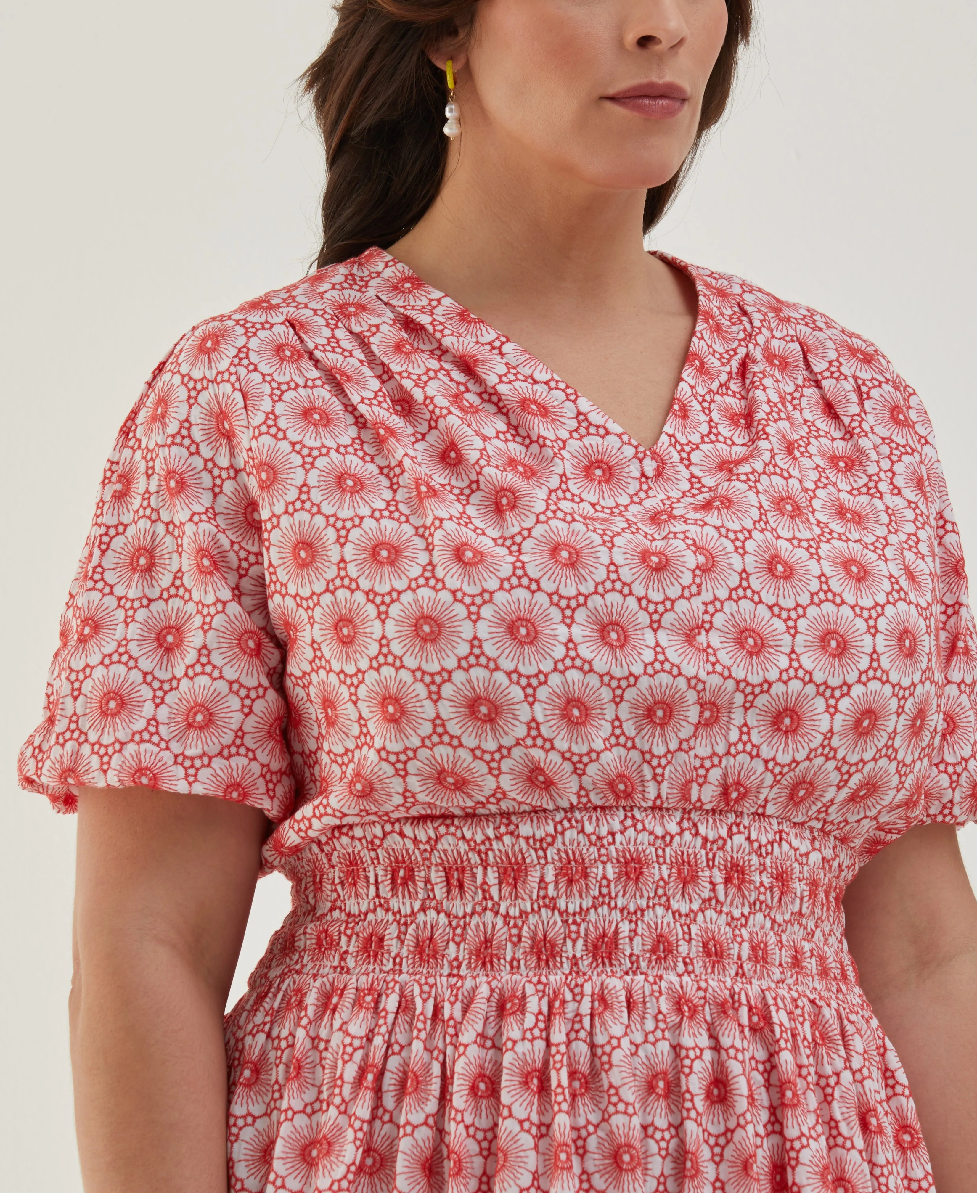 Plus Size Daisy Embroidered Smocked Puff Sleeve Dress