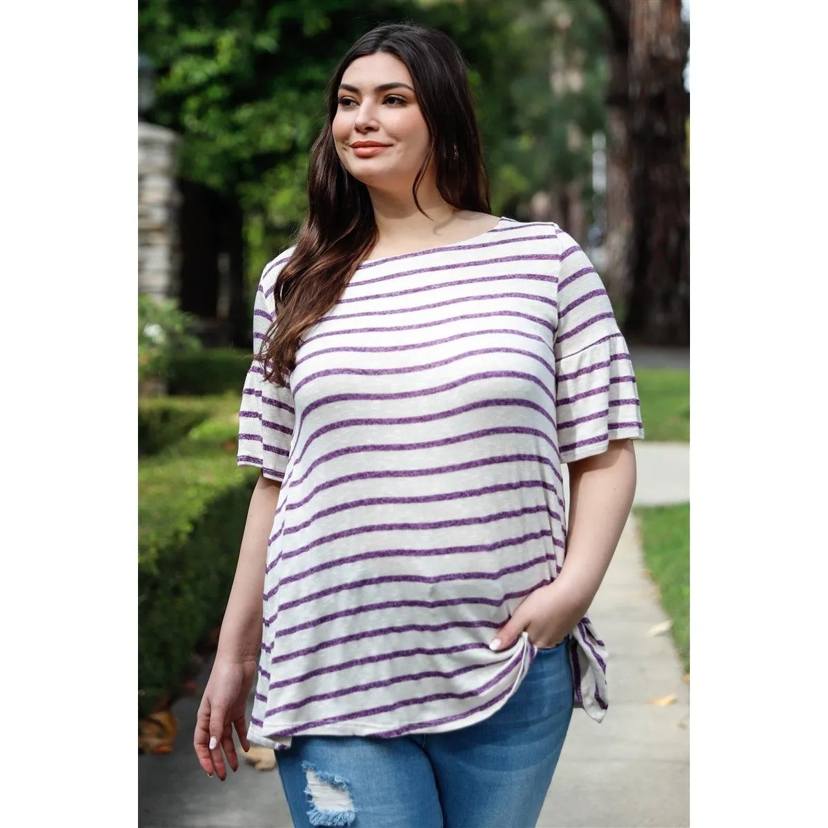 Plus Stripe Bell Short Sleeve Top