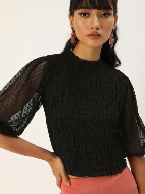 Puff Sleeve Smocked Crepe Fitted Crop Top