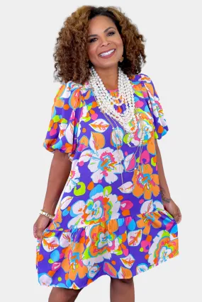 Purple Tropical Bubble Sleeve Dress