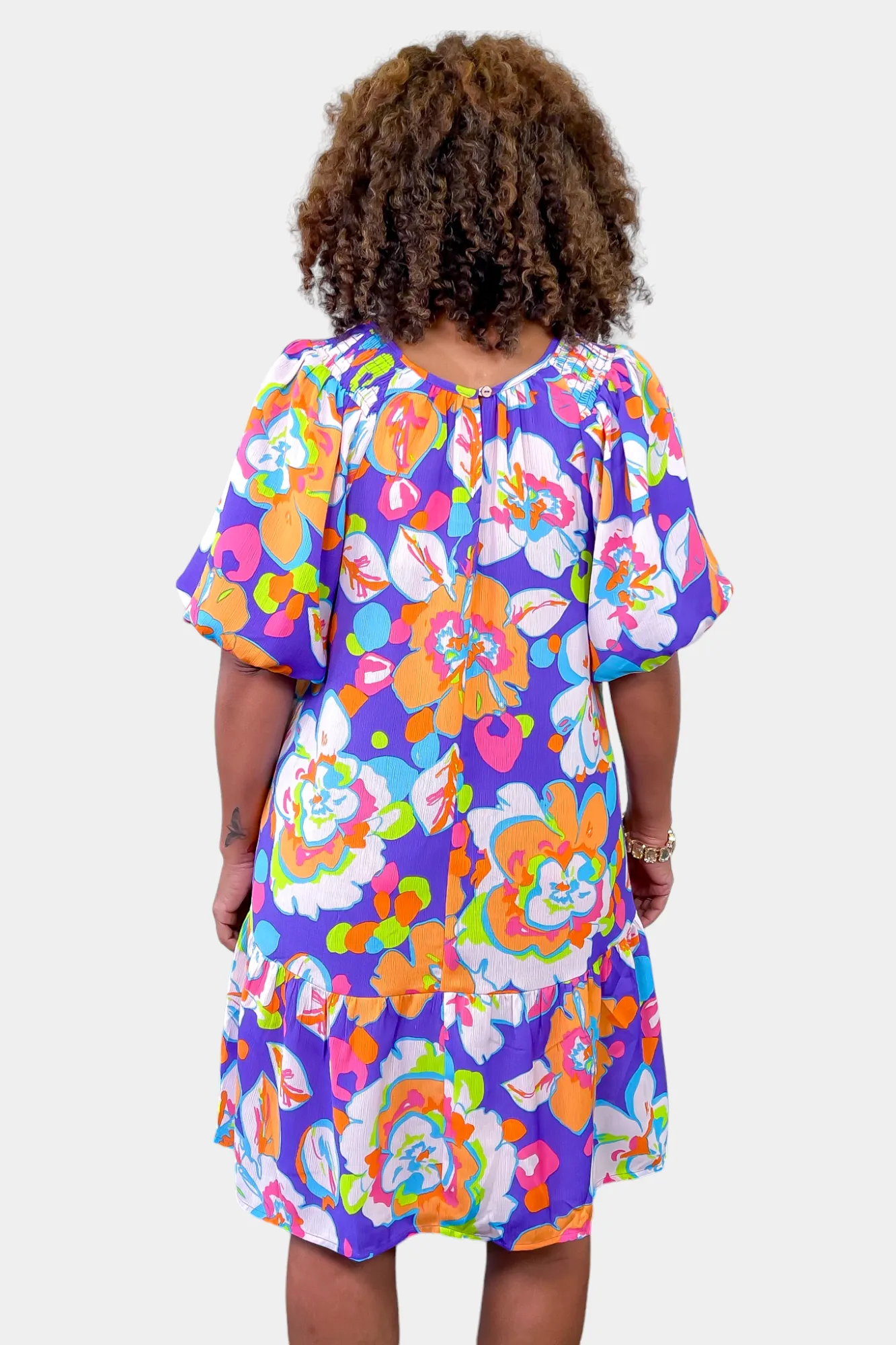 Purple Tropical Bubble Sleeve Dress