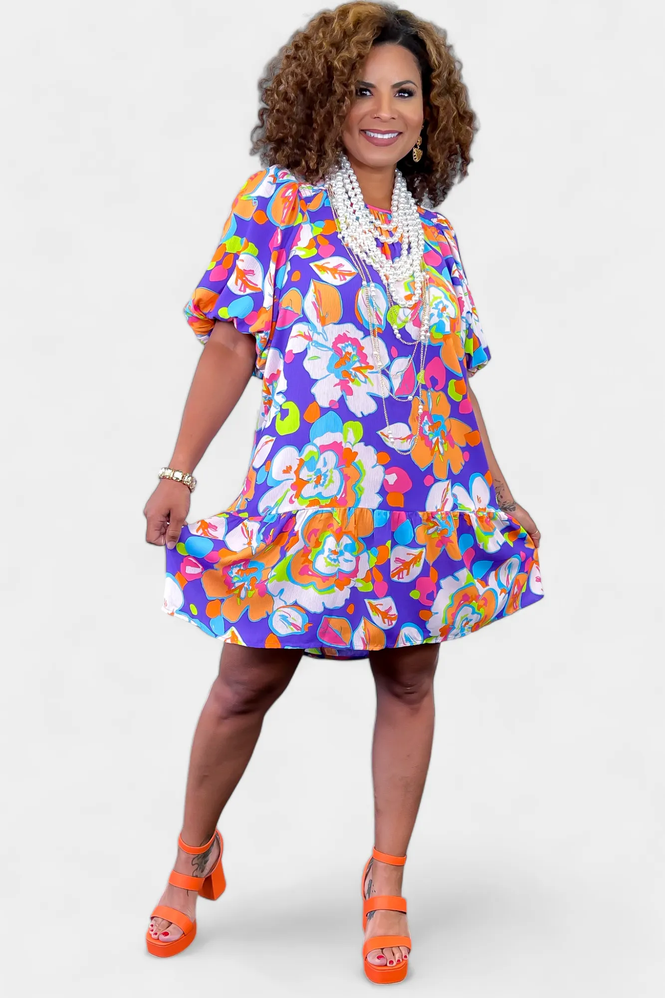 Purple Tropical Bubble Sleeve Dress