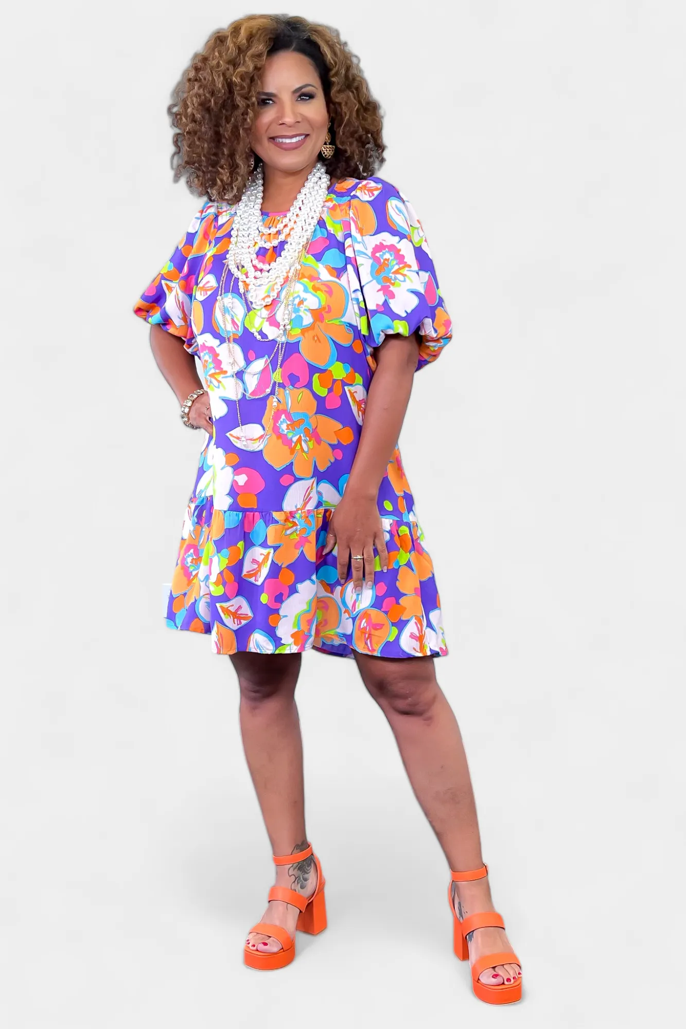 Purple Tropical Bubble Sleeve Dress