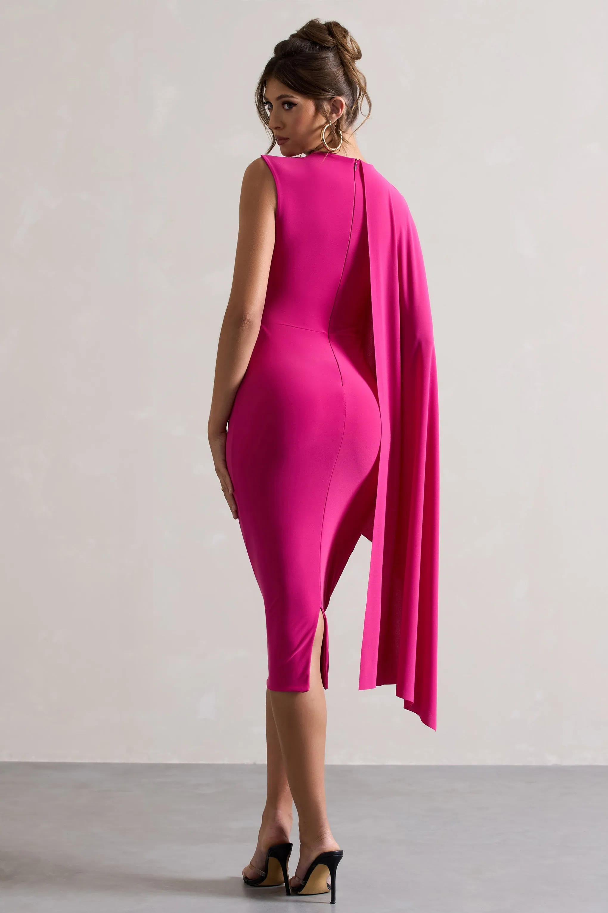 Reveal | Dark Pink One-Sleeve Cape Midi Dress