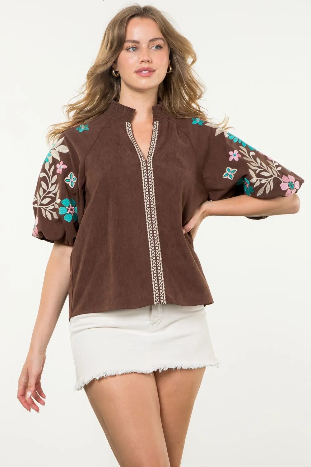 Rocio Embroidered Puff Sleeve Corduroy THML Top