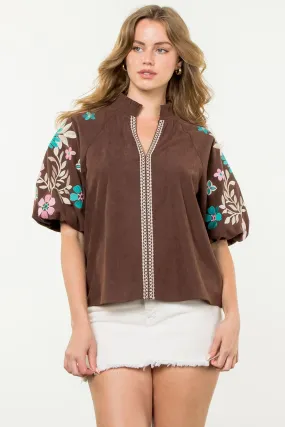 Rocio Embroidered Puff Sleeve Corduroy THML Top